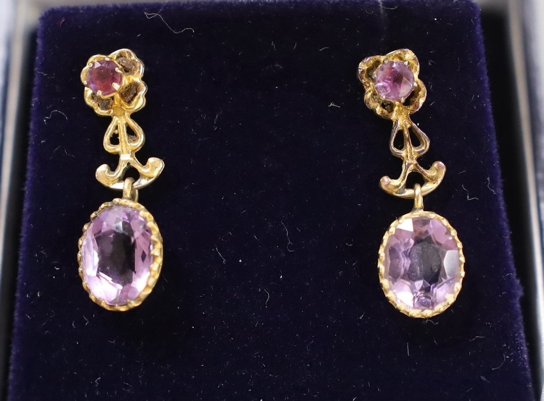 A modern 9ct mounted labradorite necklace and pair of ear clips, Opal necklace and earrings and a pair of pinch beck and amethyst set drop earrings.